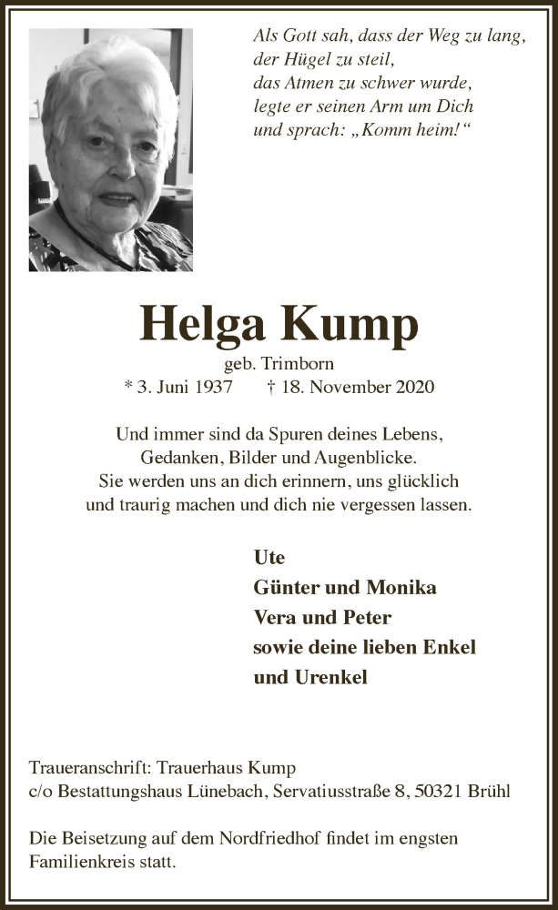  Traueranzeige für Helga Kump vom 27.11.2020 aus  Schlossbote/Werbekurier 