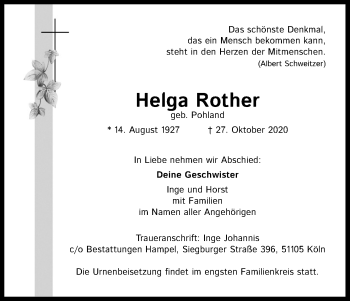 Anzeige von Helga Rother von Kölner Stadt-Anzeiger / Kölnische Rundschau / Express