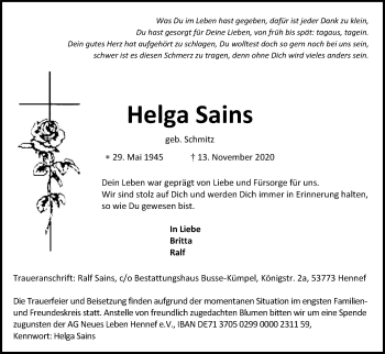 Anzeige von Helga Sains von Kölner Stadt-Anzeiger / Kölnische Rundschau / Express