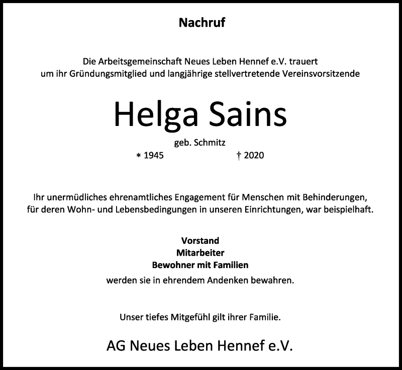 Traueranzeige für Helga Sains vom 21.11.2020 aus Kölner Stadt-Anzeiger / Kölnische Rundschau / Express