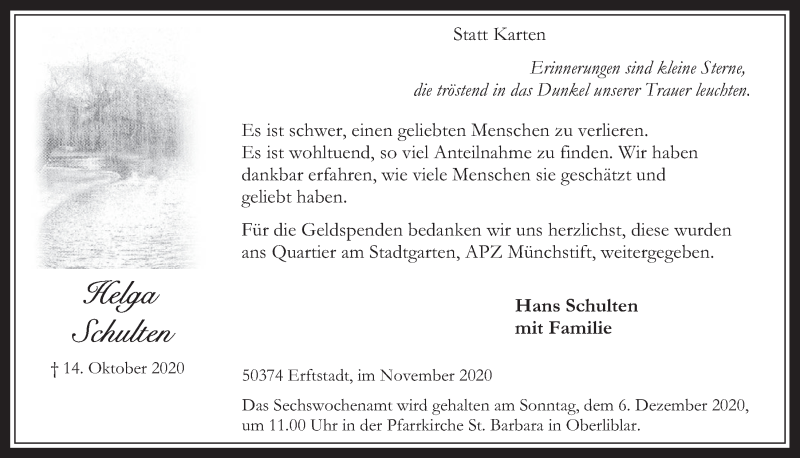  Traueranzeige für Helga Schulten vom 27.11.2020 aus  Werbepost 