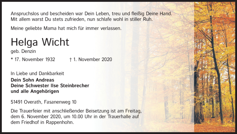  Traueranzeige für Helga Wicht vom 04.11.2020 aus Kölner Stadt-Anzeiger / Kölnische Rundschau / Express