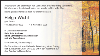 Anzeige von Helga Wicht von Kölner Stadt-Anzeiger / Kölnische Rundschau / Express