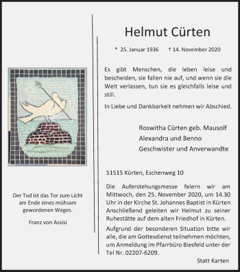 Anzeige von Helmut Cürten von Kölner Stadt-Anzeiger / Kölnische Rundschau / Express