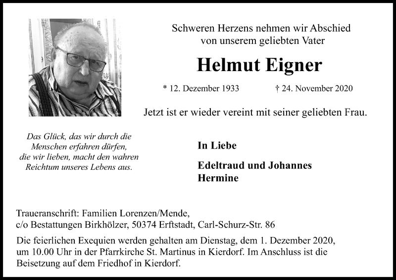 Traueranzeige für Helmut Eigner vom 28.11.2020 aus Kölner Stadt-Anzeiger / Kölnische Rundschau / Express