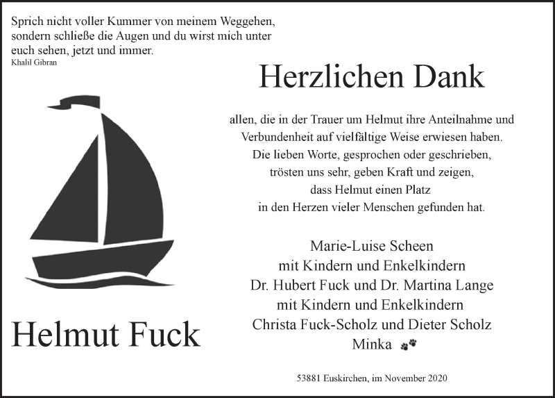  Traueranzeige für Helmut Fuck vom 21.11.2020 aus  Blickpunkt Euskirchen 