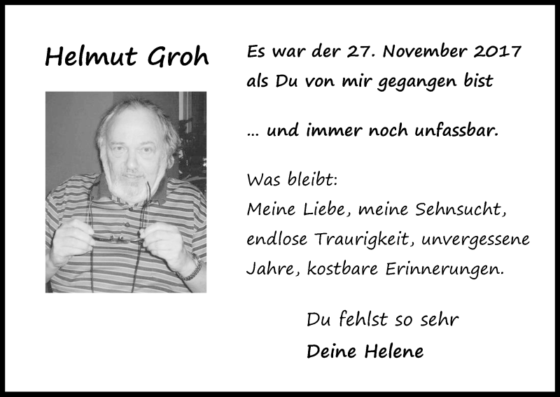  Traueranzeige für Helmut Groh vom 27.11.2020 aus Kölner Stadt-Anzeiger / Kölnische Rundschau / Express