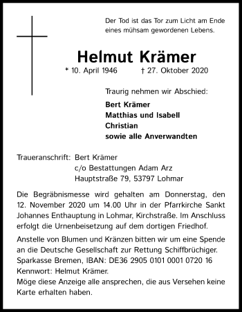 Anzeige von Helmut Krämer von Kölner Stadt-Anzeiger / Kölnische Rundschau / Express