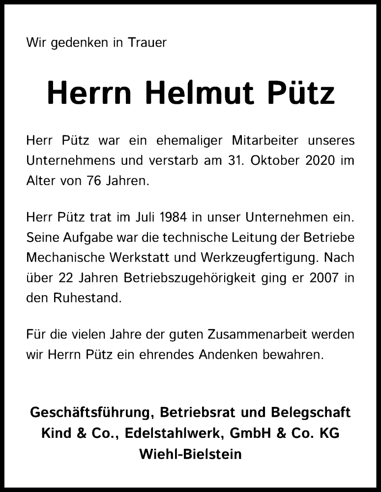  Traueranzeige für Helmut Pütz vom 12.11.2020 aus Kölner Stadt-Anzeiger / Kölnische Rundschau / Express