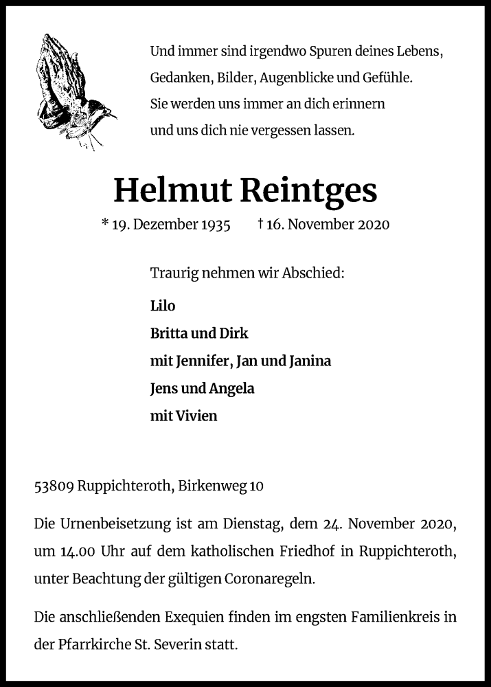  Traueranzeige für Helmut Reintges vom 21.11.2020 aus Kölner Stadt-Anzeiger / Kölnische Rundschau / Express