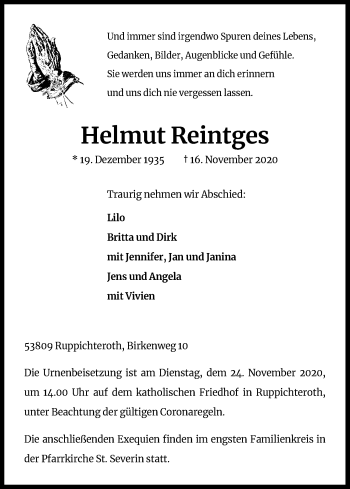 Anzeige von Helmut Reintges von Kölner Stadt-Anzeiger / Kölnische Rundschau / Express
