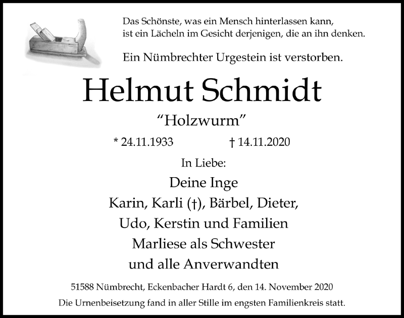  Traueranzeige für Helmut Schmidt vom 20.11.2020 aus  Lokalanzeiger 