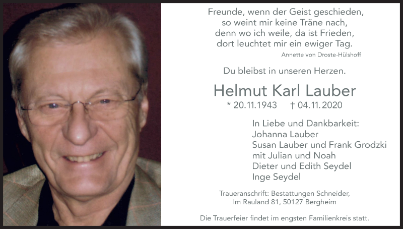  Traueranzeige für Helmut Karl Lauber vom 11.11.2020 aus Kölner Stadt-Anzeiger / Kölnische Rundschau / Express