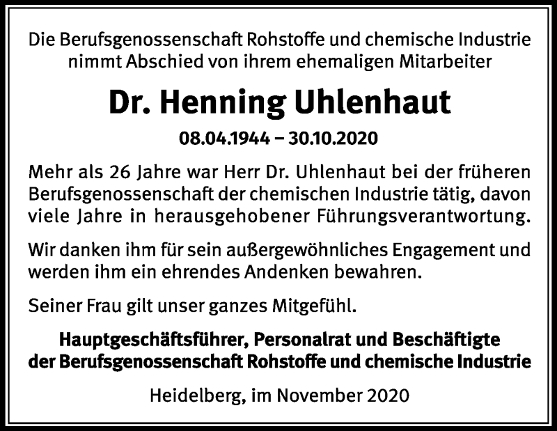  Traueranzeige für Henning Uhlenhaut vom 21.11.2020 aus Kölner Stadt-Anzeiger / Kölnische Rundschau / Express