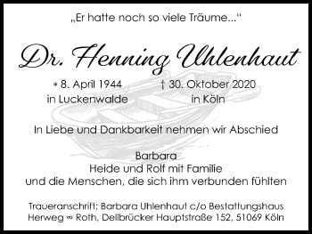 Anzeige von Henning Uhlenhaut von Kölner Stadt-Anzeiger / Kölnische Rundschau / Express