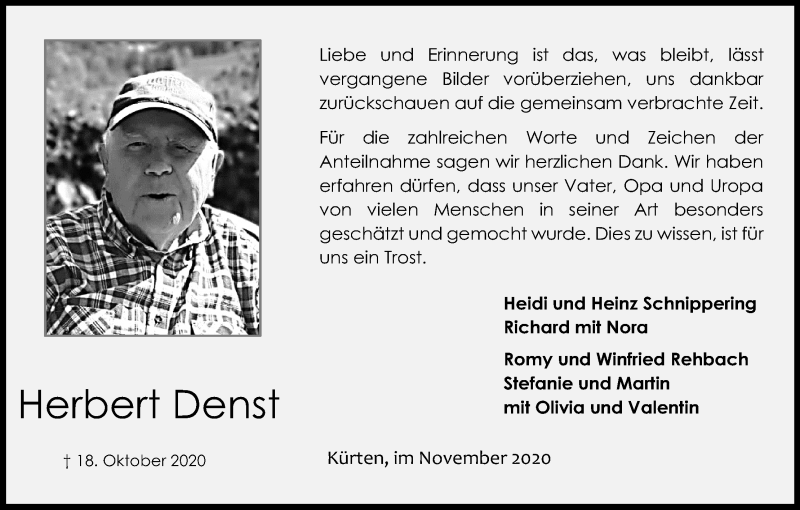  Traueranzeige für Herbert Denst vom 28.11.2020 aus Kölner Stadt-Anzeiger / Kölnische Rundschau / Express