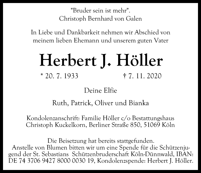 Traueranzeige für Herbert Höller vom 21.11.2020 aus Kölner Stadt-Anzeiger / Kölnische Rundschau / Express