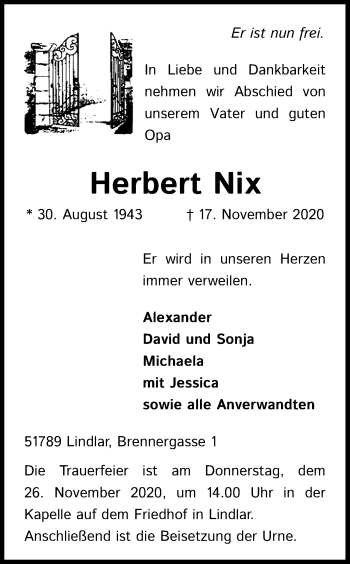 Anzeige von Herbert Nix von Kölner Stadt-Anzeiger / Kölnische Rundschau / Express