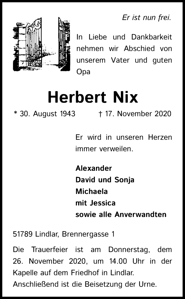  Traueranzeige für Herbert Nix vom 21.11.2020 aus Kölner Stadt-Anzeiger / Kölnische Rundschau / Express