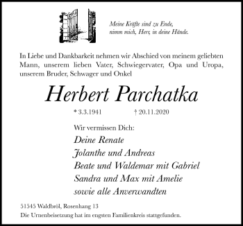 Anzeige von Herbert Parchatka von  Lokalanzeiger 