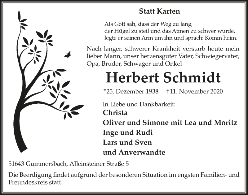 Traueranzeige für Herbert Schmidt vom 20.11.2020 aus  Anzeigen Echo 