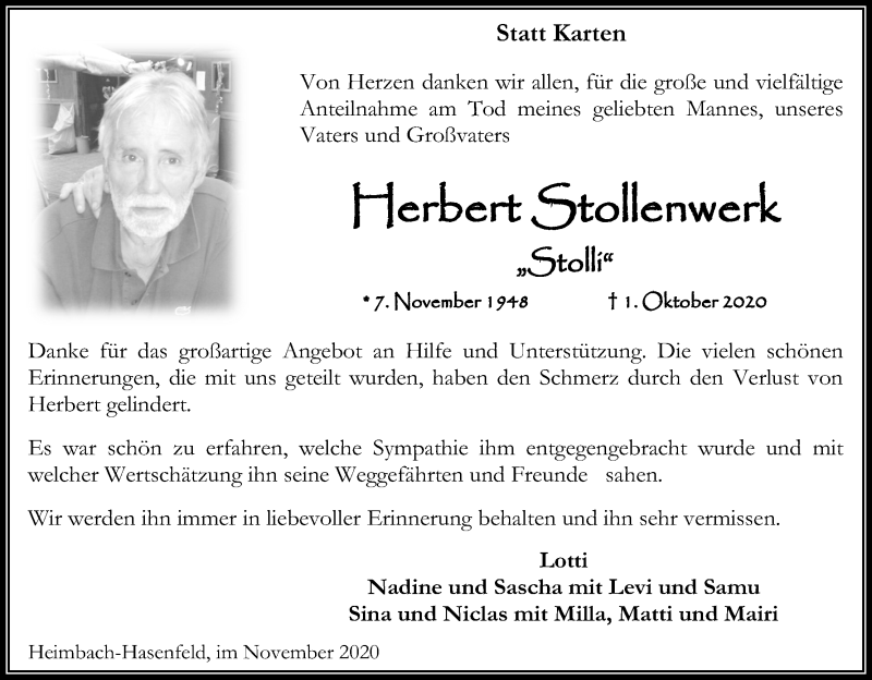  Traueranzeige für Herbert Stollenwerk vom 21.11.2020 aus Kölner Stadt-Anzeiger / Kölnische Rundschau / Express