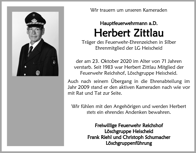  Traueranzeige für Herbert Zittlau vom 07.11.2020 aus Kölner Stadt-Anzeiger / Kölnische Rundschau / Express