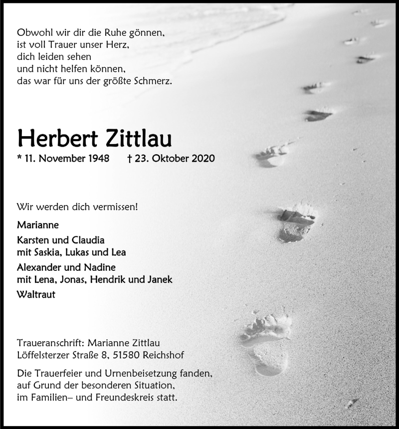  Traueranzeige für Herbert Zittlau vom 06.11.2020 aus  Lokalanzeiger 