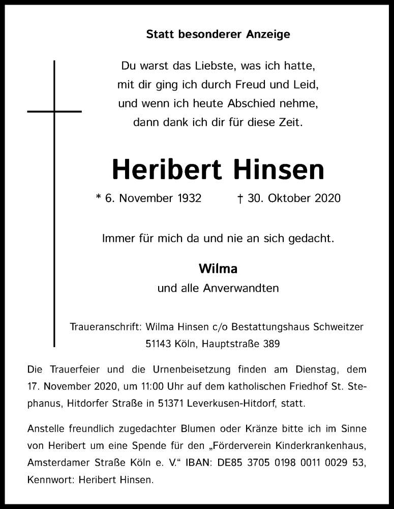  Traueranzeige für Heribert Hinsen vom 14.11.2020 aus Kölner Stadt-Anzeiger / Kölnische Rundschau / Express