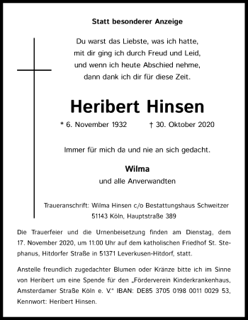 Anzeige von Heribert Hinsen von Kölner Stadt-Anzeiger / Kölnische Rundschau / Express