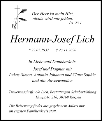 Anzeige von Hermann-Josef Lich von Kölner Stadt-Anzeiger / Kölnische Rundschau / Express