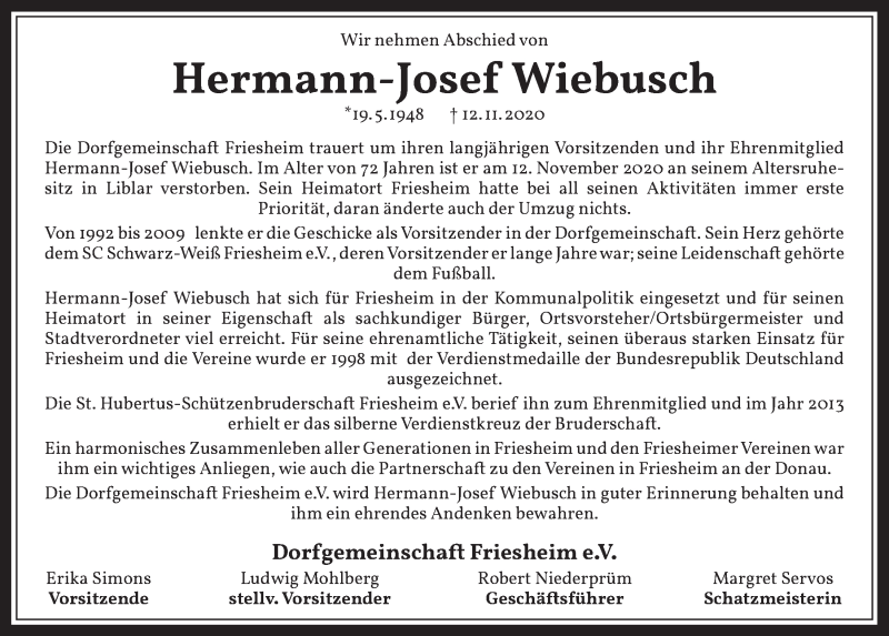  Traueranzeige für Hermann-Josef Wiebusch vom 27.11.2020 aus  Werbepost 