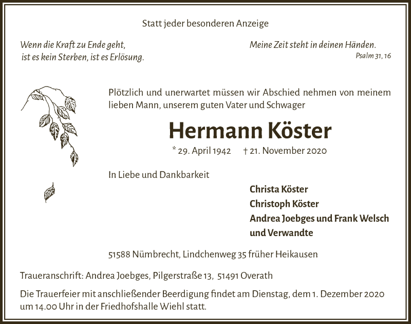  Traueranzeige für Hermann Köster vom 27.11.2020 aus  Anzeigen Echo 