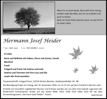 Anzeige von Hermann Josef Heider von Kölner Stadt-Anzeiger / Kölnische Rundschau / Express