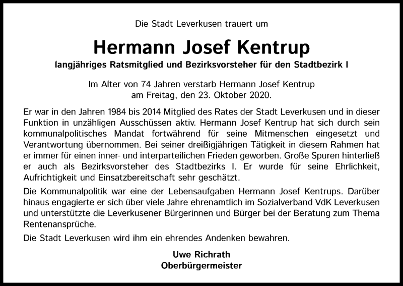  Traueranzeige für Hermann Josef Kentrup vom 10.11.2020 aus Kölner Stadt-Anzeiger / Kölnische Rundschau / Express