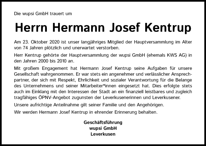  Traueranzeige für Hermann Josef Kentrup vom 12.11.2020 aus Kölner Stadt-Anzeiger / Kölnische Rundschau / Express