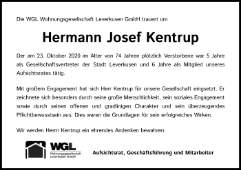 Anzeige von Hermann Josef Kentrup von Kölner Stadt-Anzeiger / Kölnische Rundschau / Express