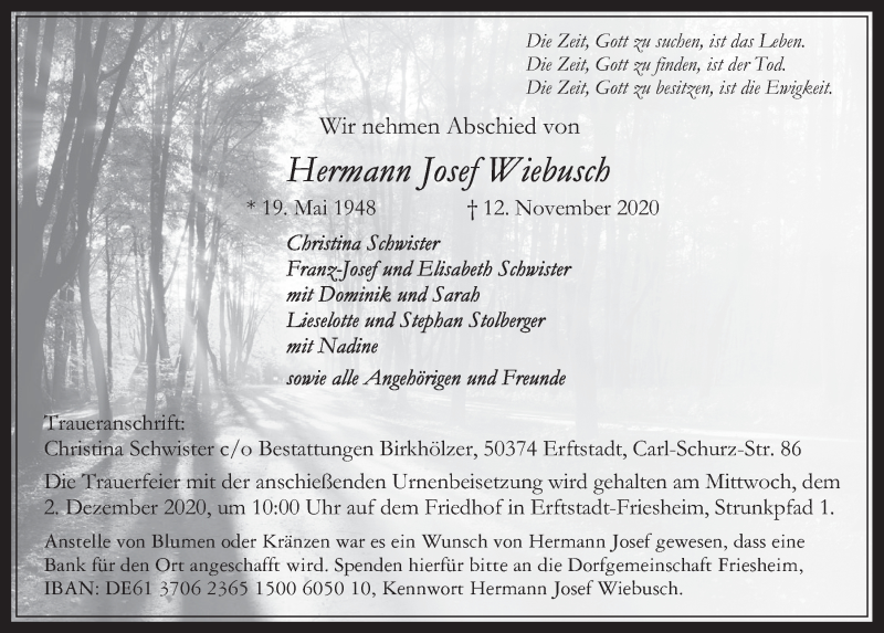  Traueranzeige für Hermann Josef Wiebusch vom 27.11.2020 aus  Werbepost 