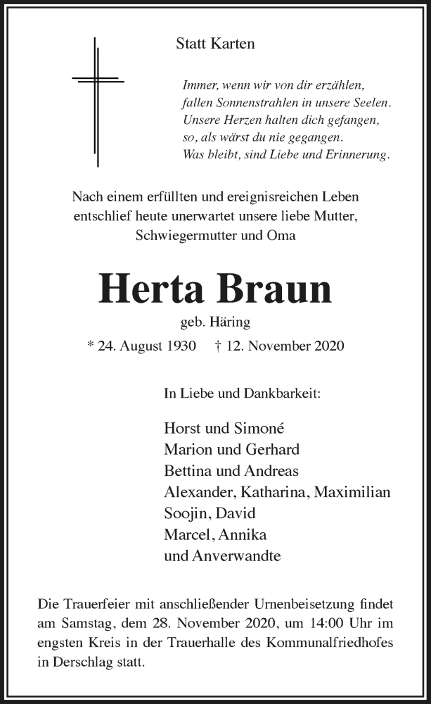  Traueranzeige für Herta Braun vom 20.11.2020 aus  Anzeigen Echo 