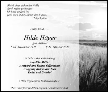 Anzeige von Hilde Häger von Kölner Stadt-Anzeiger / Kölnische Rundschau / Express