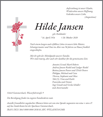Anzeige von Hilde Jansen von Kölner Stadt-Anzeiger / Kölnische Rundschau / Express