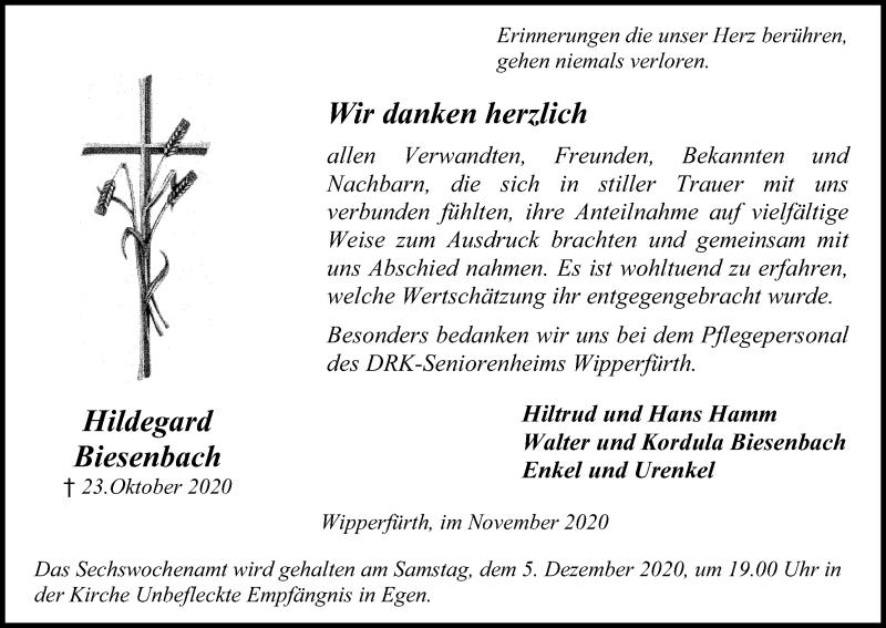  Traueranzeige für Hildegard Biesenbach vom 28.11.2020 aus Kölner Stadt-Anzeiger / Kölnische Rundschau / Express