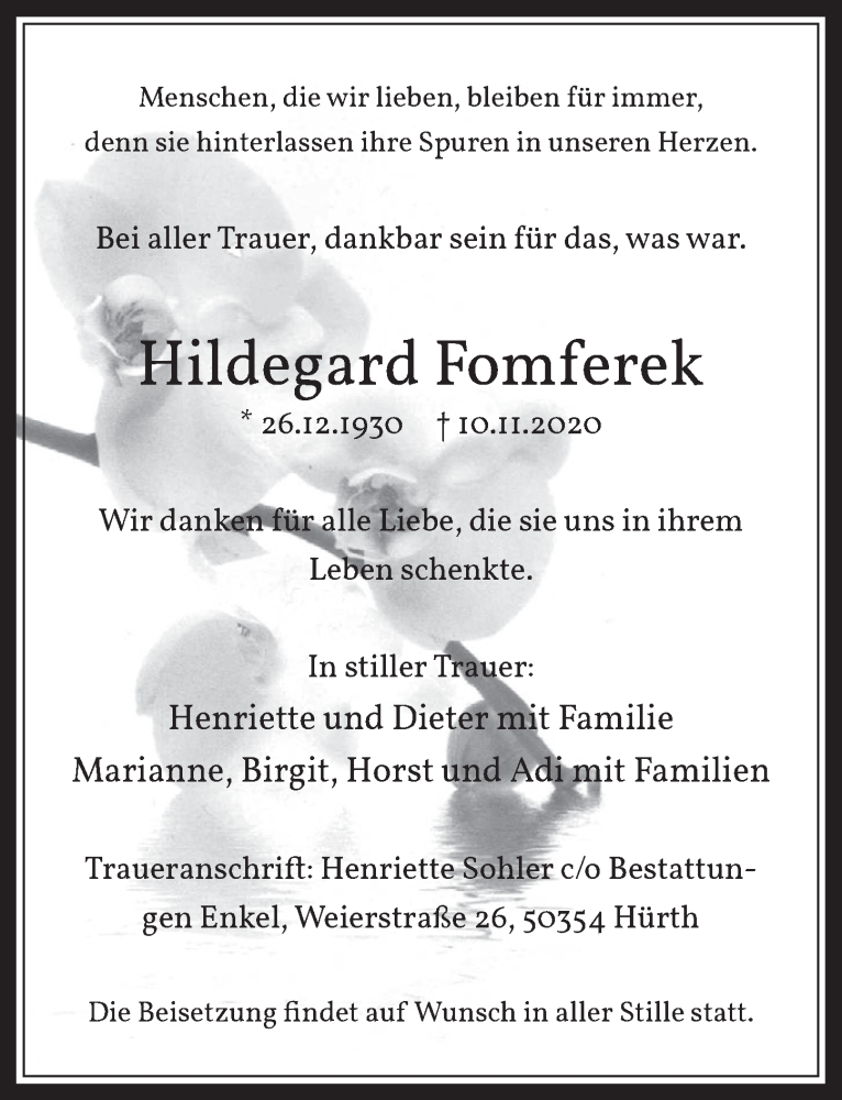  Traueranzeige für Hildegard Fomferek vom 20.11.2020 aus  Wochenende 