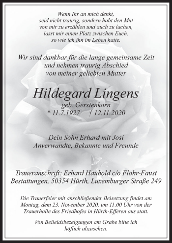 Anzeige von Hildegard Lingens von  Wochenende 