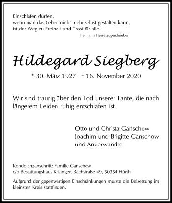 Anzeige von Hildegard Siegberg von Kölner Stadt-Anzeiger / Kölnische Rundschau / Express