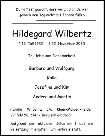 Anzeige von Hildegard Wilbertz von Kölner Stadt-Anzeiger / Kölnische Rundschau / Express