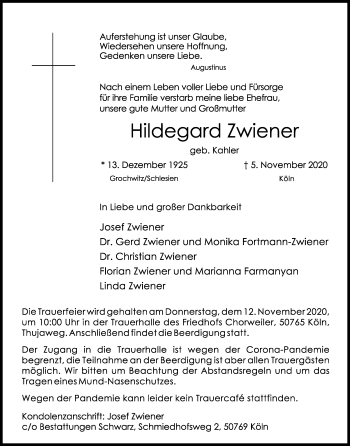 Anzeige von Hildegard Zwiener von Kölner Stadt-Anzeiger / Kölnische Rundschau / Express