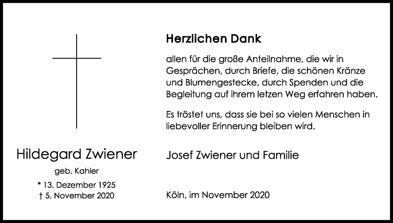  Traueranzeige für Hildegard Zwiener vom 21.11.2020 aus Kölner Stadt-Anzeiger / Kölnische Rundschau / Express
