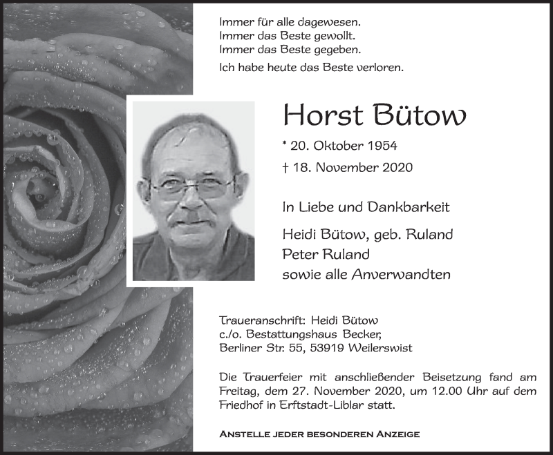  Traueranzeige für Horst Bütow vom 27.11.2020 aus  Werbepost 