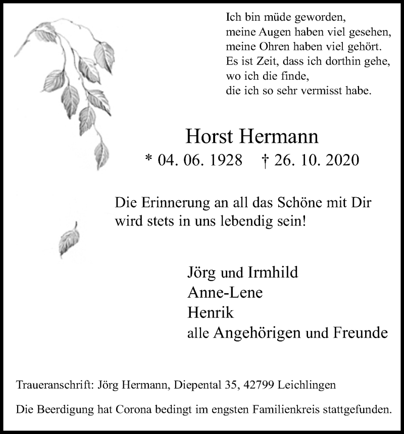  Traueranzeige für Horst Hermann vom 07.11.2020 aus Kölner Stadt-Anzeiger / Kölnische Rundschau / Express